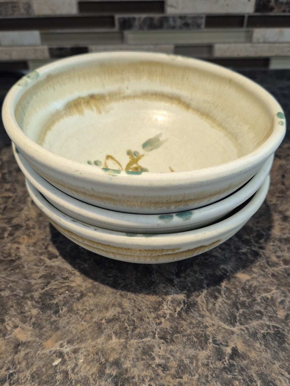 Handmade Pottery Cereal Bowls in Cream and Green (Set of 3)